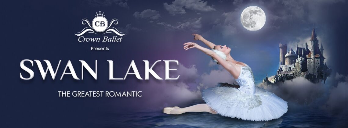 Crown Ballet presents Swan Lake - The Greatest Romantic. A ballet dancer in pose above water with a castle and moon in the background with a reflection of a swan in the water.