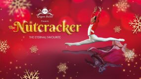 Crown Ballet presents The Nutcracker. The Eternal Favourite. A picture of a ballet dancer leaping with a reflection of another dancer wearing a mask.