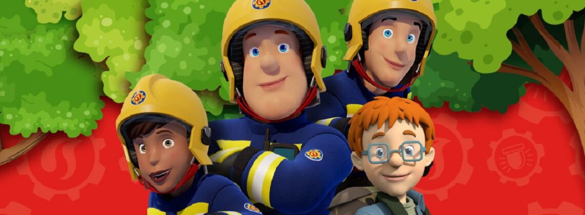 Illustration of Ellie Philips, Fireman Sam, Elvis and Norman Price in a promotional image for Fireman Sam: The Great Camping Adventure.