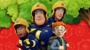 Illustration of Ellie Philips, Fireman Sam, Elvis and Norman Price in a promotional image for Fireman Sam: The Great Camping Adventure.