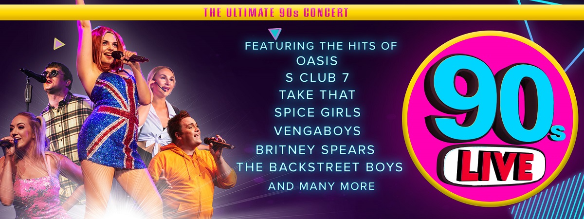 90s Live. The Ultimate 90s Concert. Featuring the hits of Oasis, S Club 7, Take That, Spice Girls, Vengaboys, Britney Speaks, The Backstreet Boys and many more.