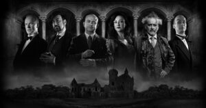 Six people stand in front of pillars above a wide shot of a manor in a promotional image for The Haunting of Blaine Manor.