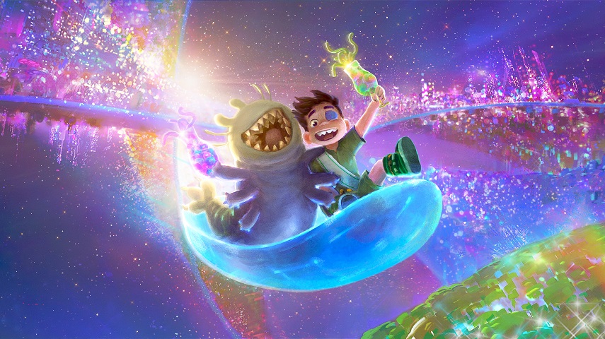 Elio and Glordon holding drinks as they ride on a pod throughout space in a still from Elio.