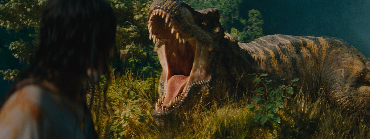 Luna Blaise and the T-Rex in JURASSIC WORLD REBIRTH, directed by Gareth Edwards