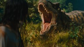 Luna Blaise and the T-Rex in JURASSIC WORLD REBIRTH, directed by Gareth Edwards