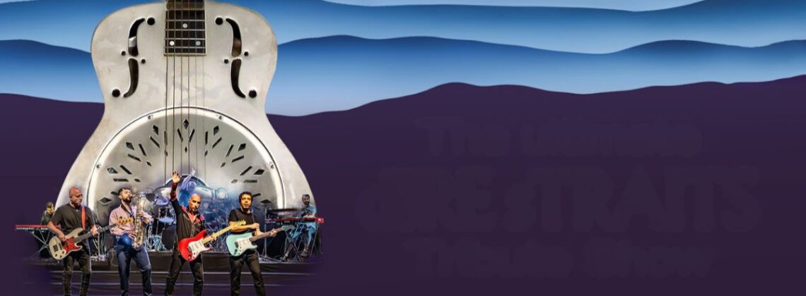 A band stands playing underneath a large image of a guitar in promotional artwork for Brothers In Band: The Ultimate Dire Straits Tribute Show.