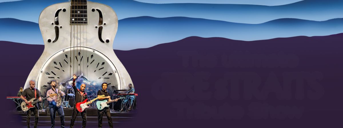 A band stands playing underneath a large image of a guitar in promotional artwork for Brothers In Band: The Ultimate Dire Straits Tribute Show.