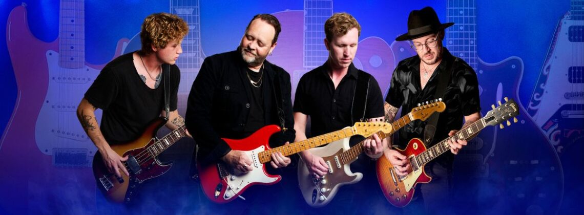 Four people play guitar in an image for The Story of the Guitar Heroes.