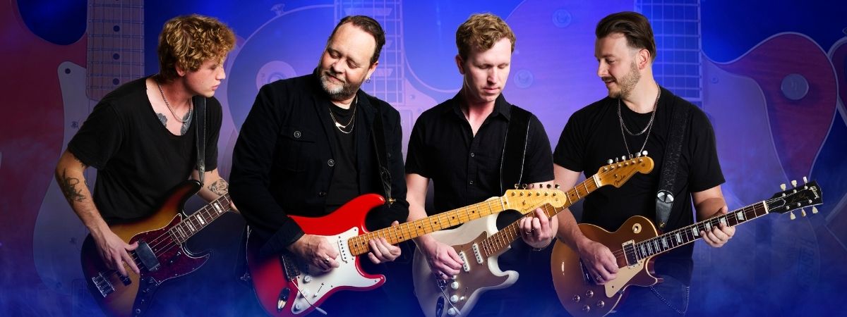 Four people play guitar in an image for The Story of the Guitar Heroes.