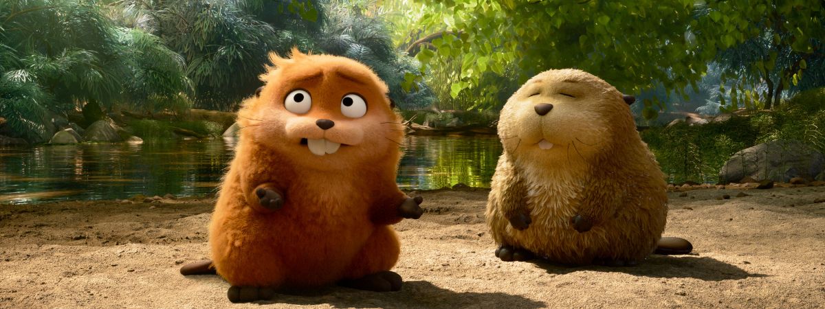 Two animated beavers stand against a forest background in a still from Disney and Pixar's Hoppers