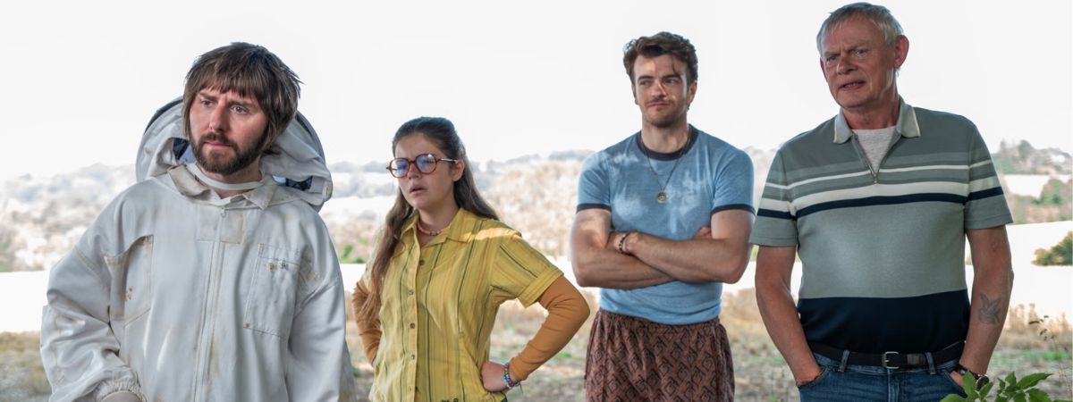 James Buckley, Gabriella Wilde, Jonno Davies and Martin Clunes in Mother's Pride.