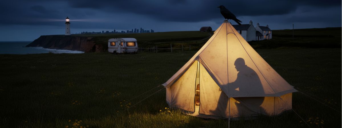 The Haunting of Widow's Leap Farm. A silhouette of a person sitting inside a lit tent with a crow sits on top. Dark skies are visible with a lighthouse in the background.