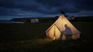 The Haunting of Widow's Leap Farm. A silhouette of a person sitting inside a lit tent with a crow sits on top. Dark skies are visible with a lighthouse in the background.