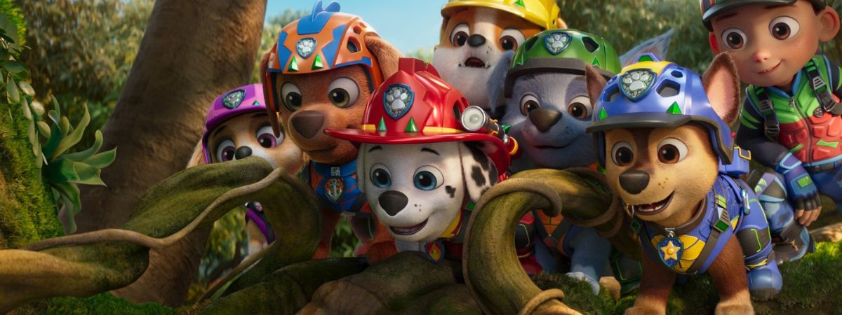 Sky, Zuma, Marshall, Rubble, Rocky, Chase and Ryder in a still from Paw Patrol - The Dino Movie.