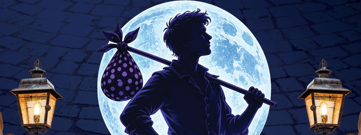 An illustrated image of a silhouette of a person stood in front of the moon in promotional artwork for CBS Theatre Group's Dick Whittington.