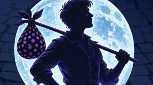 An illustrated image of a silhouette of a person stood in front of the moon in promotional artwork for CBS Theatre Group's Dick Whittington.