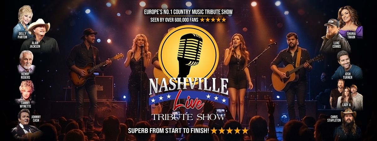Europe's No.1 country music tribute show Nashville Live tribute show. Superb from start to finish. Five stars. Pictures and text with headshots for Dolly Parton, Alan Jackson, Kenny Rogers, Tammy Wynette, Johnny Cash, Shania Twain, Luke Combs, Josh Turner, Lady A and Chris Stapleton.