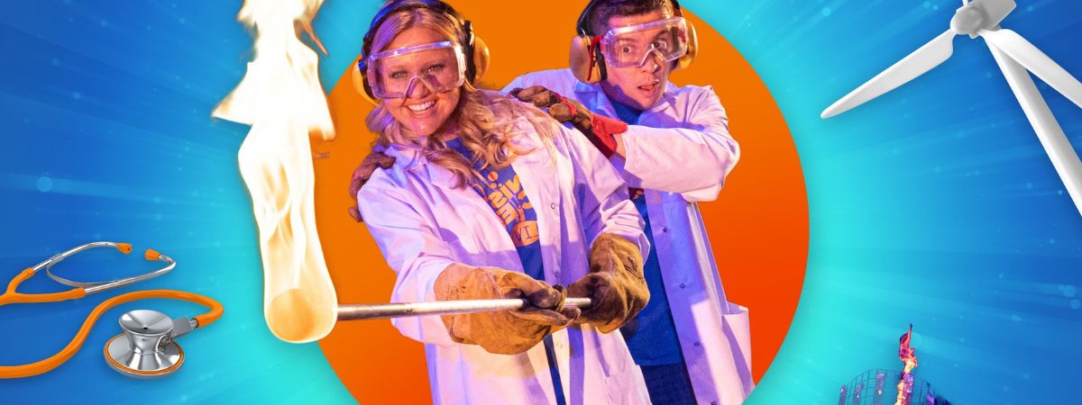 Two scientists, one holding a pole with a flame at the end of it, in a promotional image for Ministry of Science.